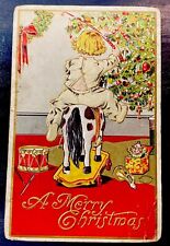Antique Postcard Merry Christmas Little Boy Riding Toy Horse Christmas Tree 1912 picture