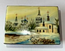 Vintage Russian Black Lacquer Paper Mache Trinket Box, Mother of Pearl, Signed picture