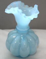 Vintage Fenton Light Blue Overlay Art Glass Melon Ruffled Vase 6” Tall picture