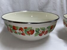 Pair Of Vintage Enamelware Kobe Kitchen Bowls W/ Strawberry Pattern From Japan picture