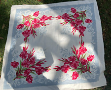 Vintage 1950’s Gorgeous Colorful Red Pink & Grey Flower Tablecloth 50”X 44” picture