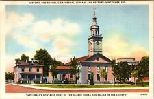 Vincennes IN-Indiana Historic Catholic Cathedral Library Rectory Linen Postcard picture