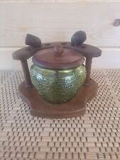 Vintage Fairfax Walnut Six Pipe Holder With Green Glass + 2 Pipes, Tobacco Jar  picture