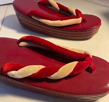 Vintage Japanese Wooden Lacquered Red Painted Zori Sandals Geisha Shoes sz. M picture