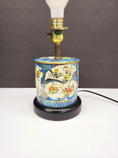 Vintage Tin Metal Table Lamp Japanese Floral Design Wooden Base Tested picture