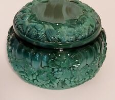 Vintage Heavy Round MALACHITE /Glass ? Carved Floral Design Polished Trinket Box picture