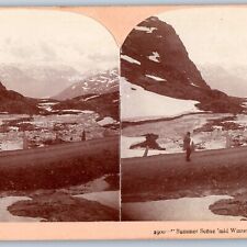 1897 Norway July Summer Scene Stereo Real Photo Snow on Mountains Man Road V22 picture