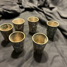 6 Antique Japanese Brass With Mother Of Pearl Inlay Saki Aperitif Wine Cups picture