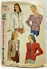 1945 Simplicity Sewing Pattern 1550 Womens Jacket 2 Styles Size 16 Vintage 8793 picture
