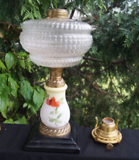 Antique 1870s Bradley Hubbard Glass Oil Lamp Hand Painted Milk Glass Stem SIGNED picture