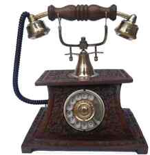 Vintage Nautical Wood & Brasss Operational Telephone Carved Decorative Showpeace picture