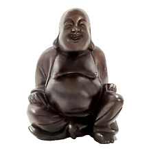 Vintage Buddha Laughing Wooden Figure Sitting 6 Inches Tall Carved Sculpture picture
