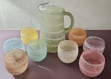 Set of MCM Vintage Spaghetti String Pitcher & 8 Roly  Poly Glass Tumblers  picture