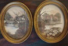 Vintage Lot Of 2 Homco Cottage House Lake Scene Oval Framed Pictures 11”x9”*Wear picture