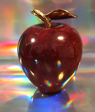 Vintage Red Maroon Marble Apple Paperweight with Brass Stem & Leaf 3.5 Beautiful picture