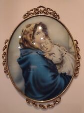 Antique Victorian Large Oval Brass Metal Frame Convex Bubble Glass Blue Madonna picture