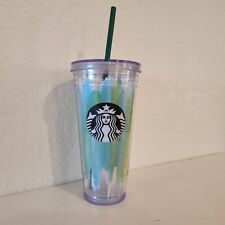 Starbucks 20 oz Tumbler 2016 Blue Green Paint Strokes w/ Lid + Straw  picture