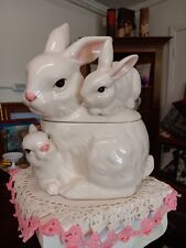 Vintage White Ceramic Rabbit Cookie Jar With Mama Rabbit And 2 Little Rabbits picture