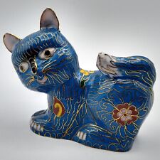 VTG Small Blue Floral Enamel Cloisonne Lounging Cat Kitten Figurine 3