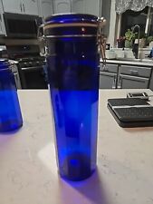 Vintage Cobalt Blue 12 inch Panel Glass Canister W Wire Bale &Lid. 13.5