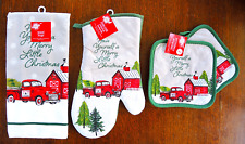 Country Christmas Red Truck Barn Kitchen Oven Mitt--Pot Holders--Towel 15