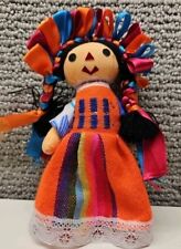 Handmade Mexican Rag Doll Braids Folk Art Cloth 7” Mexico Soft Dress Vtg Maria picture