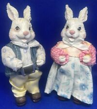 Easter Bunny Rabbit Couple in fabric clothing Figurine Lot of 2 picture