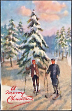 TUCK  Oilette~BEADED~2 SKIERS in SOFT SNOW~Antique Novelty CHRISTMAS Postcard picture