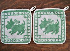 2 Vintage Scottie Dog Terry Cloth Pot Holders Green White 1930s Kitchen Hot Pads picture