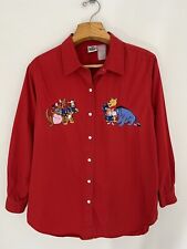 Vintage DISNEY STORE Women Winnie The Pooh Shirt Sz L Red Button Up Embroidered picture