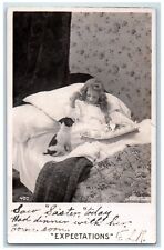 c1905 Little Girl Breakfast On Bed Terrier Dog Expectations RPPC Photo Postcard picture