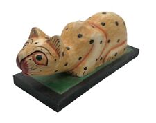 Vintage Hand Painted Wooden Folk Art Cat On Wood Base picture