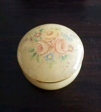 Vintage Alabaster Round Powder Jar & Pink Puff Floral Hand Painted Roses 2.75