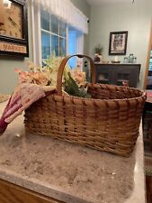 Handmade Woven Market Flower Decor Basket Wood Handle Signed Dated picture