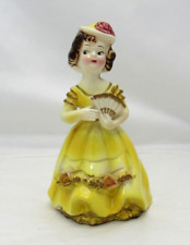 Vintage Porcelain Girl Figurine Yellow Dress Flirty Flirt Holding Fan Rare picture