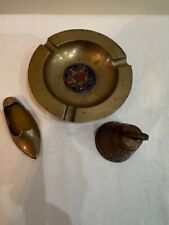 VTG 3 PCS BRASS LOT MEDIUM ASHTRAY, VERY SMALL SHOE ASHTRAY AND CARVED BELL picture