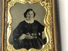ANTIQUE NINTH PLATE AMBROTYPE BEAUTIFUL WOMAN DRESS EARRINGS TINTED WALL CASE picture