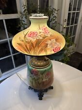 Antique Converted Hurricane Lamp Hand Painted Daffodils Stunning Colors picture
