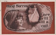 Hang Sorrow Care Will Kill A Cat Girl Bag Hat Jonson Quote c1910s postcard H102 picture