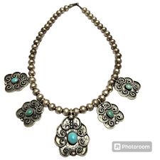 Mesmerizing Sterling Silver Navajo Morenci Turquoise Squash Blossom Necklace15
