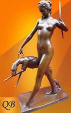 ART DECO BRONZE FIGURINE SCULPTURE STATUE DIANA HOUND SIGNED NAKED LADY FIGURE picture