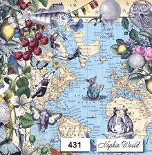 (431) TWO Individual Paper LUNCHEON Decoupage Napkins - MAP WORLD ANIMALS OCEAN picture