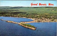 Vtg Postcard Aerial View Harbor Grand Marais MN Lake Superior Sawtooth Mt c1940s picture