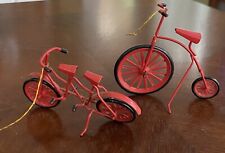 Vintage 2 Christmas Ornaments Red Metal High Big Wheel Bike + Tandem Bicycle picture