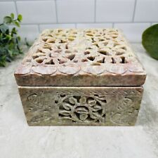 Vintage Hand Carved Soapstone Trinket Jewelry Box Hinged Lid Pink India 5” picture