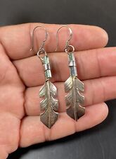 Sterling Silver .925 Vintage Native American Tourmaline Feather Dangle Earring picture