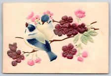 Blue Birds Perched on Flowering Dogwood Tree Branch Art Postcard Heavy Embossed picture