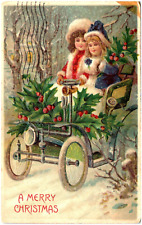 Christmas Embossed Two LIttle Girls in an Antique Auto, Holly, Muff Postcard picture