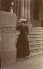 RPPC Edwardian woman big flower hat fashion dress real photo 1903-20s postcard picture