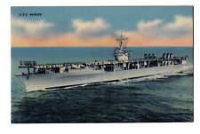 Linen postcard - U.S.S. Ranger, U.S. Navy aircraft carrier, WWII picture